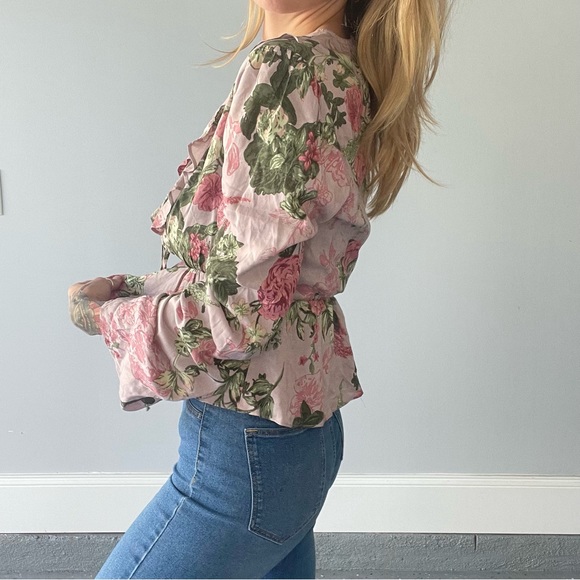 BCBGeneration Floral Print Pink Blouse Sheer w/ Tie - Picture 3 of 7